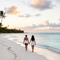 Caribbean Holidays, July Honeymoons, A couple walking hand in hand along a quiet white-sand beach in Saint Barth&eacute;lemy at sunset, calm turquoise sea and elegant Caribbean scenery