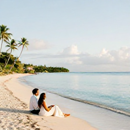 Caribbean Holidays, July Honeymoons, A newlywed couple relaxing on a quiet Saint Lucia beach in July, with calm turquoise water, palm trees and soft morning sunshine