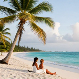 Caribbean Holidays, July Honeymoons, A newlywed couple relaxing on a quiet tropical beach in Tobago during July, with turquoise water, palm trees and soft morning light