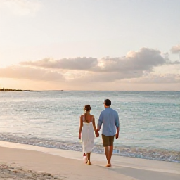 Caribbean Holidays, July Honeymoons, A newlywed couple walking barefoot along a quiet white-sand beach in Turks and Caicos at sunset, calm turquoise sea and soft evening light