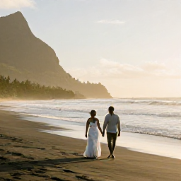Caribbean Holidays, July Honeymoons, A newlywed couple walking hand in hand along a quiet black-sand beach in Montserrat at golden hour, Caribbean Sea in the background