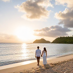 Caribbean Holidays, July Honeymoons, A newlywed couple walking hand in hand along a quiet golden beach in Saint Kitts at sunset, with calm Caribbean water and green hills in the distance