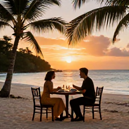 Caribbean Holidays, July Honeymoons, A romantic beachfront dinner for two in Tobago at sunset, with a simple table, tropical surroundings and the sea in the background