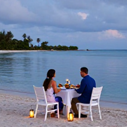 Caribbean Holidays, July Honeymoons, A romantic Caribbean dinner for two on a Saint Kitts beach at dusk, with lanterns, local dishes and calm sea beyond