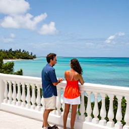 Caribbean Holidays, July Honeymoons, A stylish couple enjoying a quiet resort balcony overlooking the Caribbean Sea in Tobago in July