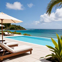 Caribbean Holidays, July Honeymoons, A stylish honeymoon hotel terrace in Saint Barth&eacute;lemy overlooking the Caribbean Sea, private plunge pool, loungers and tropical plants