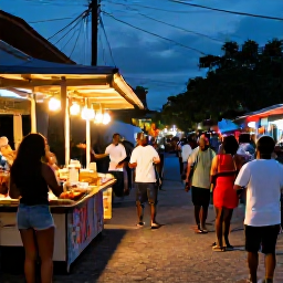 Caribbean Holidays, July Honeymoons, A vibrant evening street scene in Trinidad with Caribbean food stalls, music and welcoming local atmosphere
