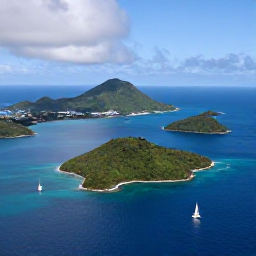 Caribbean Holidays, July Honeymoons, Aerial view of Saint Vincent and the Grenadines with lush green islands, turquoise water and sailing boats under a bright July sky