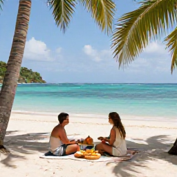 Caribbean Holidays, July Honeymoons, Couple enjoying a private picnic beside a quiet Caribbean beach in Montserrat, with local food, palms and calm turquoise water