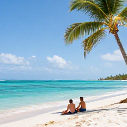 Caribbean Holidays, July Honeymoons, Couple enjoying a quiet morning on Grace Bay Beach in July, bright turquoise water, white sand and palm trees