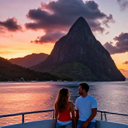 Caribbean Holidays, July Honeymoons, Couple enjoying a sunset cruise along the Saint Lucia coastline, with the Pitons in the background and a colourful evening sky