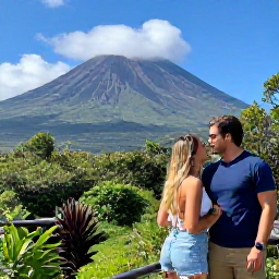 Caribbean Holidays, July Honeymoons, Couple exploring the volcanic landscape near Montserrat's exclusion zone with an expert local guide, lush vegetation and Soufriere Hills volcano in the distance