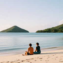 Caribbean Holidays, July Honeymoons, Couple relaxing on a secluded tropical beach in St John, calm turquoise water, soft sand, green hills and gentle afternoon light