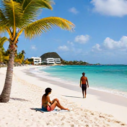 Caribbean Holidays, July Honeymoons, Couple relaxing on a stylish beach in Sint Maarten, turquoise water, white sand, palm trees and a bright Caribbean sky