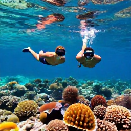 Caribbean Holidays, July Honeymoons, Couple snorkelling above a colourful coral reef in clear Caribbean water near Saint Vincent and the Grenadines