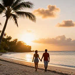 Caribbean Holidays, July Honeymoons, Couple walking hand in hand along a quiet tropical beach on Tortola at sunset