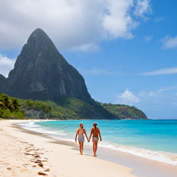 Caribbean Holidays, July Honeymoons, Couple walking hand in hand on a quiet Saint Lucia beach after a light tropical shower, with green hills and bright blue sea