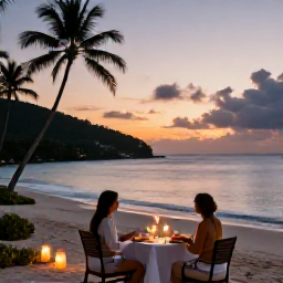 Caribbean Holidays, July Honeymoons, Elegant beachfront dinner for two with candles, tropical surroundings and a calm Caribbean sunset in the British Virgin Islands