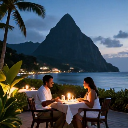 Caribbean Holidays, July Honeymoons, Elegant beachfront restaurant in Saint Lucia at dusk, with a couple dining by candlelight and tropical greenery around them