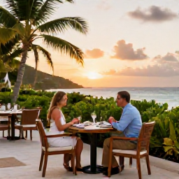 Caribbean Holidays, July Honeymoons, Elegant but relaxed beachfront restaurant in the United States Virgin Islands, honeymoon couple dining outdoors at sunset, tropical garden and ocean view