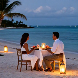 Caribbean Holidays, July Honeymoons, Elegant Caribbean honeymoon dinner for two on a softly lit beach in July, with lanterns, white linen, tropical flowers and a calm sea