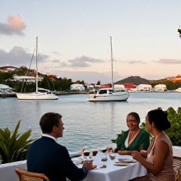 Caribbean Holidays, July Honeymoons, Elegant Gustavia harbour in Saint Barth&eacute;lemy during early evening, yachts on calm water, colourful buildings and couples dining outdoors