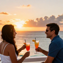 Caribbean Holidays, July Honeymoons, Honeymoon couple enjoying a sunset cocktail on a Caribbean hotel terrace overlooking Saint Martin, warm evening colours and ocean views