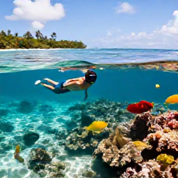 Caribbean Holidays, July Honeymoons, Newlywed couple snorkelling over a colourful Caribbean reef in clear shallow water, with bright fish, sunshine and a tropical island coastline in the background