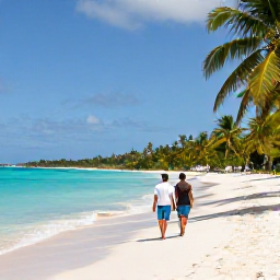 Caribbean Holidays, July Honeymoons, Newlywed couple walking along a bright white Caribbean beach in St Thomas, turquoise sea, palm trees, warm July sunshine