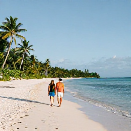 Caribbean Holidays, July Honeymoons, Newlywed couple walking along a quiet white sand beach on a Grenadine island, calm turquoise sea and palm trees