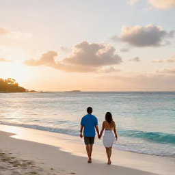 Caribbean Holidays, July Honeymoons, Newlywed couple walking hand in hand along a quiet Caribbean beach at sunset on Saint Martin, soft golden light and calm turquoise sea