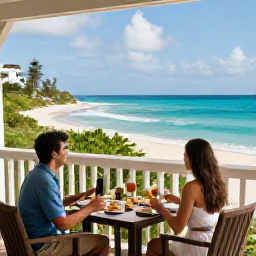 Caribbean Holidays, July Honeymoons, Romantic beachfront resort in Barbados in July, with a newlywed couple enjoying breakfast on a private terrace overlooking the Caribbean Sea
