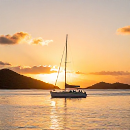 Caribbean Holidays, July Honeymoons, Romantic Caribbean sunset cruise for two near the US Virgin Islands, sailing boat on calm sea, golden sky and distant islands