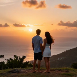 Caribbean Holidays, July Honeymoons, Romantic couple looking across a sunset sea from a hillside viewpoint on Saint Vincent and the Grenadines