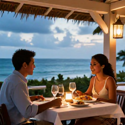 Caribbean Holidays, July Honeymoons, Romantic evening at a small Montserrat restaurant with a couple dining outdoors, Caribbean dishes, soft lantern light and sea view