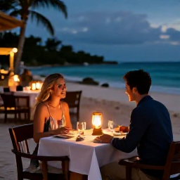 Caribbean Holidays, July Honeymoons, Romantic outdoor dinner for two at a Caribbean restaurant in Turks and Caicos, warm lantern light and relaxed island setting