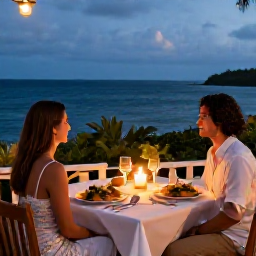 Caribbean Holidays, July Honeymoons, Romantic outdoor table for two at a French Caribbean restaurant in Grand Case, candlelight, local dishes and an evening sea view