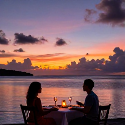 Caribbean Holidays, July Honeymoons, Romantic waterfront dinner for two at sunset in the Grenadines, colourful sky, candles and gentle Caribbean sea