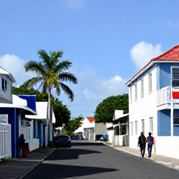 Caribbean Holidays, July in Saint Barth&eacute;lemy, Colourful Saint Barth&eacute;lemy street scene in July, with traditional Caribbean buildings, palm trees and local people enjoying a sunny afternoon