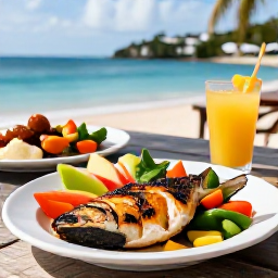 Caribbean Holidays, July in Saint Barth&eacute;lemy, Traditional Saint Barth&eacute;lemy food served at a relaxed seaside restaurant in July, with grilled fish, fresh vegetables and tropical fruit
