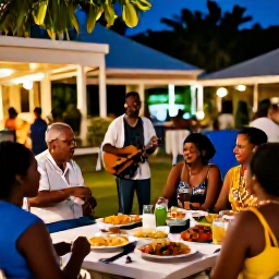 Caribbean Holidays, July in the British Virgin Islands, Relaxed evening cultural gathering in the British Virgin Islands with live Caribbean music, local food and people enjoying a warm July night