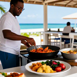 Caribbean Holidays, July in the British Virgin Islands, Traditional Caribbean food being prepared at a relaxed outdoor restaurant in Tortola, British Virgin Islands, with fresh seafood, rice and local vegetables