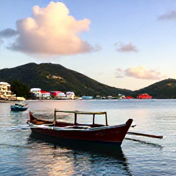 Caribbean Holidays, July in the British Virgin Islands, Traditional wooden boat and small fishing boats in a calm British Virgin Islands harbour at sunset, with green hills and colourful waterfront buildings