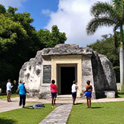 Caribbean Holidays, July in the British Virgin Islands, Visitors exploring historic ruins and a small museum near Road Town, Tortola, British Virgin Islands, surrounded by tropical greenery