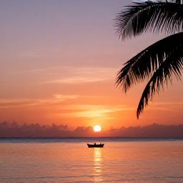 Caribbean Holidays, July Instagram Hotspots, A colourful Caribbean sunset over calm sea with a small fishing boat, silhouetted palms and warm orange and pink skies