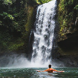 Caribbean Holidays, July Instagram Hotspots, A lush Caribbean waterfall surrounded by tropical rainforest, with a traveller swimming in a natural pool beneath the falls