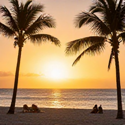 Caribbean Holidays, July Instagram Hotspots, A sunset photograph from a Dominican Republic beach in July, golden sky, calm Caribbean sea, silhouettes of palm trees and relaxed travellers