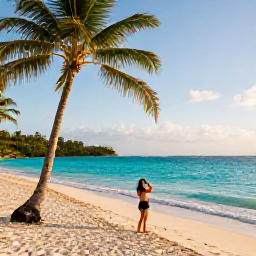 Caribbean Holidays, July Instagram Hotspots, A vibrant Caribbean beach in July with turquoise water, white sand, palm trees and a traveller taking a photograph at golden hour