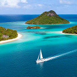 Caribbean Holidays, July Instagram Hotspots, Aerial-style view of a small sailing boat crossing vivid turquoise water between green Caribbean islands in the Grenadines