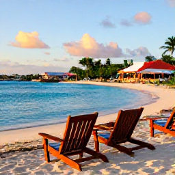 Caribbean Holidays, July Instagram Hotspots, Colourful Caribbean beach scene at Grand Case on Saint Martin, wooden beach chairs, calm blue sea and local restaurants at golden hour in July